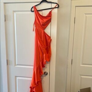 Hello Molly Orange Strapless Dress with Ruffled Details